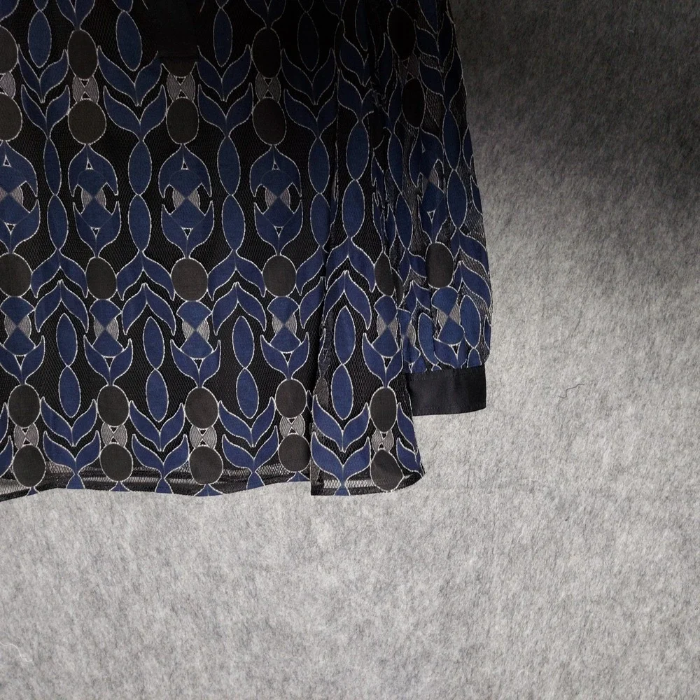 Tory Burch Harbor Silk Tunic L Blue Mesh Appliqué Lined Neck Long Sheer Sleeve